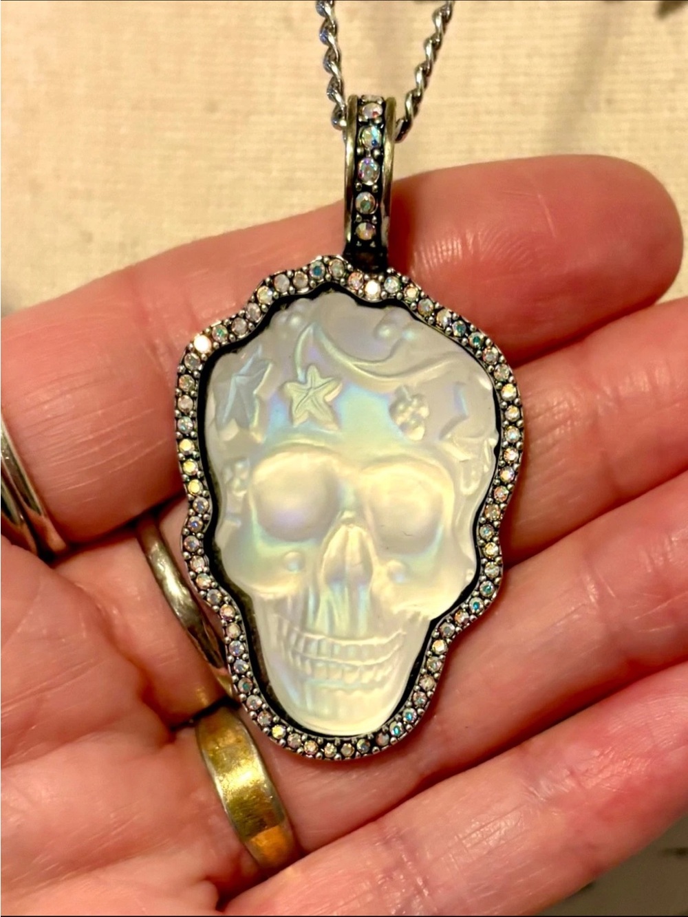Kirk’s Folly Glass Dream Skull Crystal Pendant Necklace Celestial Moon Stars - Picture 2 of 13